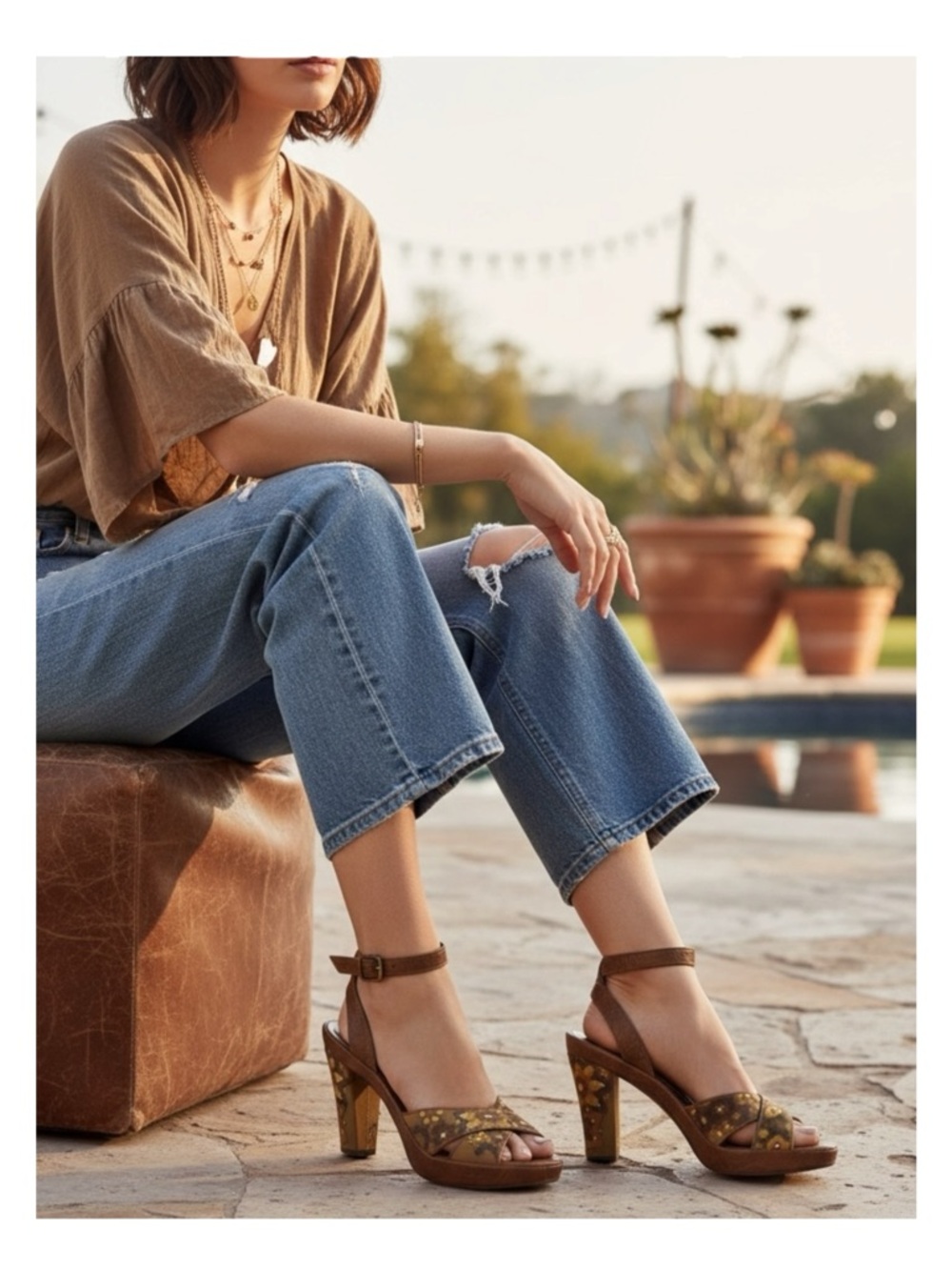 Kenneth Cole ❁ Afterflower Ankle Strap Embroidered Leather Heels ❁ Brown ❁ 9M ❁